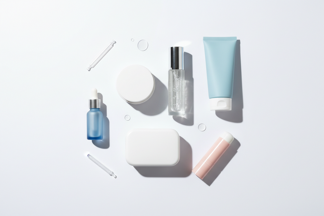    Neutrales Skincare‑Flatlay mit unbeschrifteten Creme‑Tiegeln, Serum‑Flakons, Pads‑Container und Cleanser‑Tube auf weißem Hintergrund, minimalistisch und klinisch‑sauber arrangiert.