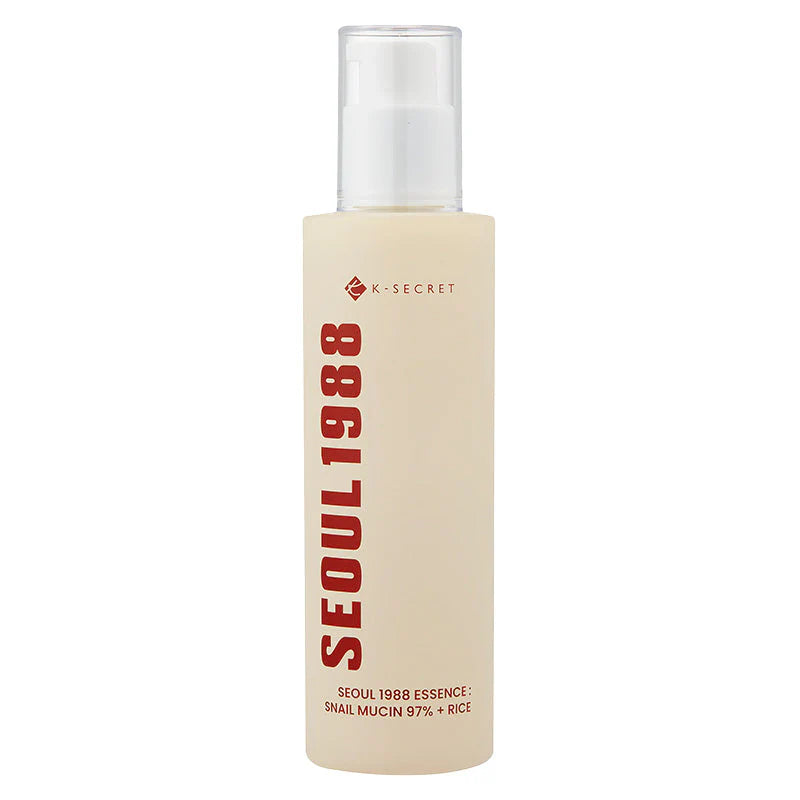 K‑Secret Seoul 1988 Essence Snail Mucin 97% + Rice – feuchtigkeitsspendende, regenerierende Essenz für glattere, strahlende Haut.